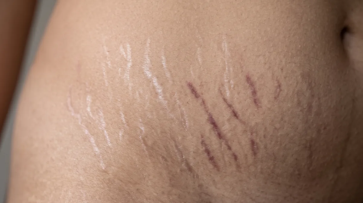 Close-up of stretch marks on skin showing texture and color variation with natural lighting