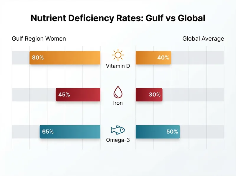 Infographic showing vitamin D, iron, and omega-3 deficiency rates in Gulf region women compared to global averages
