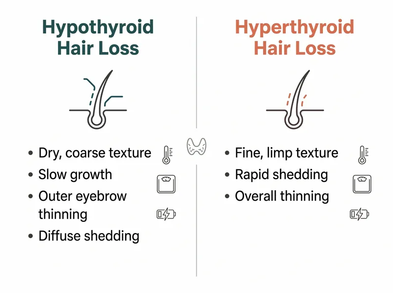 Educational comparison chart showing hypothyroid versus hyperthyroid hair loss patterns with visual indicators and symptom lists