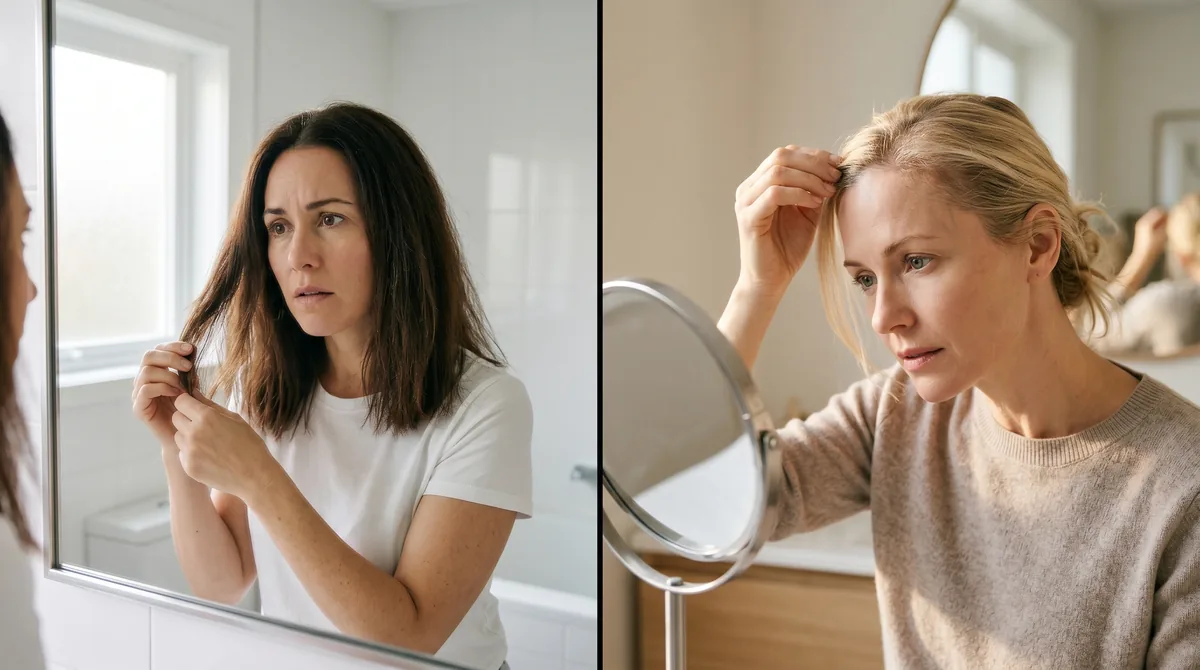 Split composition showing two women examining their hair in mirrors, one with dry brittle hair texture on left, one with fine limp hair on right, soft natural lighting, editorial health photography style