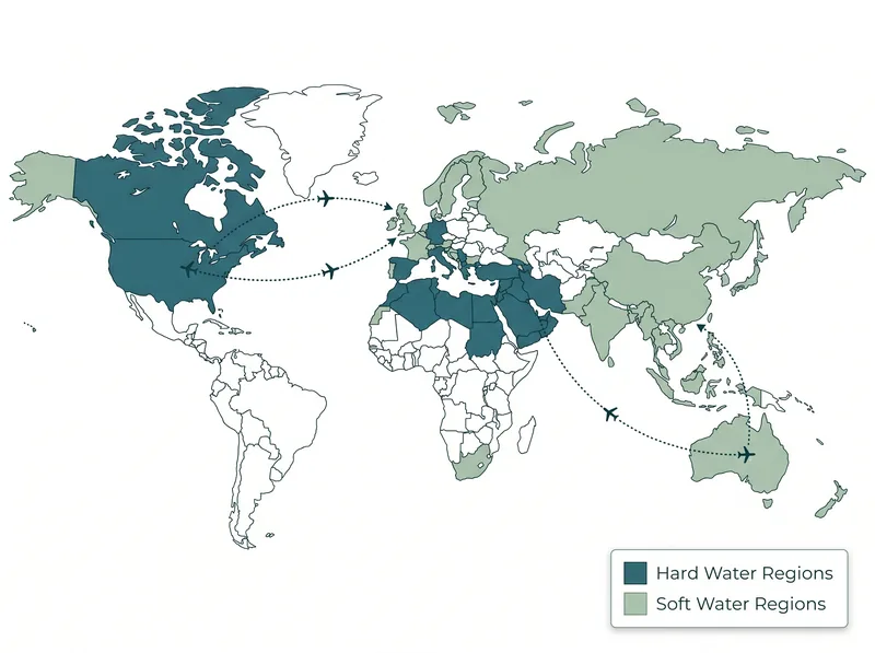 World map showing hard water versus soft water regions with travel routes marked