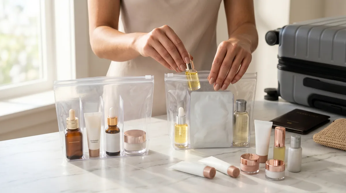 Woman's hands organizing travel-size beauty products in clear TSA-compliant bags on marble surface
