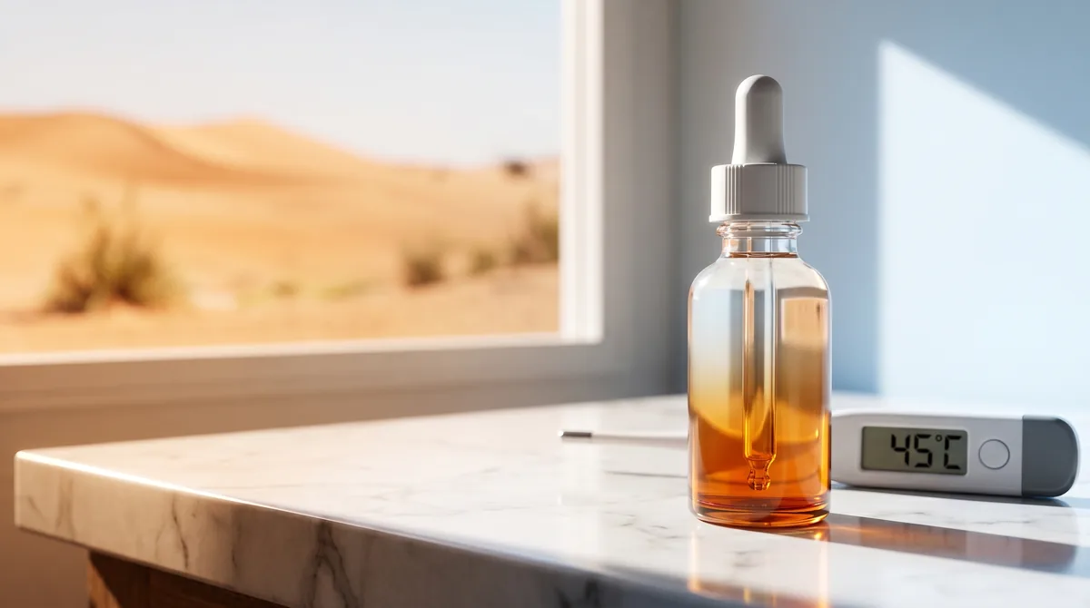Clear glass dropper bottle of vitamin C serum on white marble surface with visible amber oxidation and temperature gradient lighting