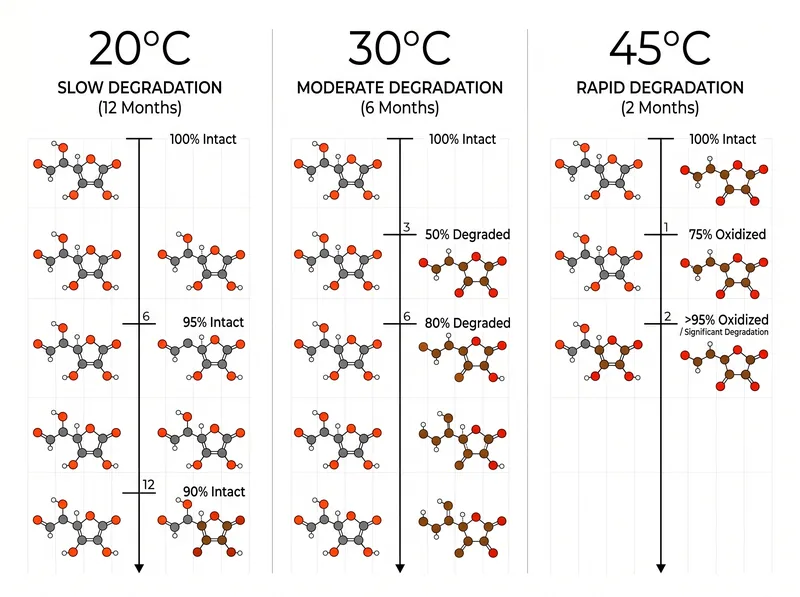 Scientific diagram showing vitamin C degradation timeline at different temperatures with molecular structure breakdown