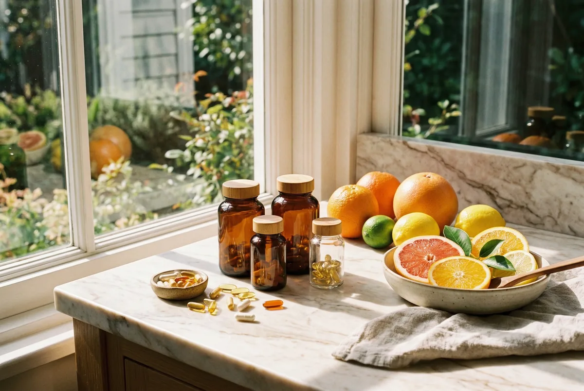 Sunlit window with supplement bottles on a kitchen counter