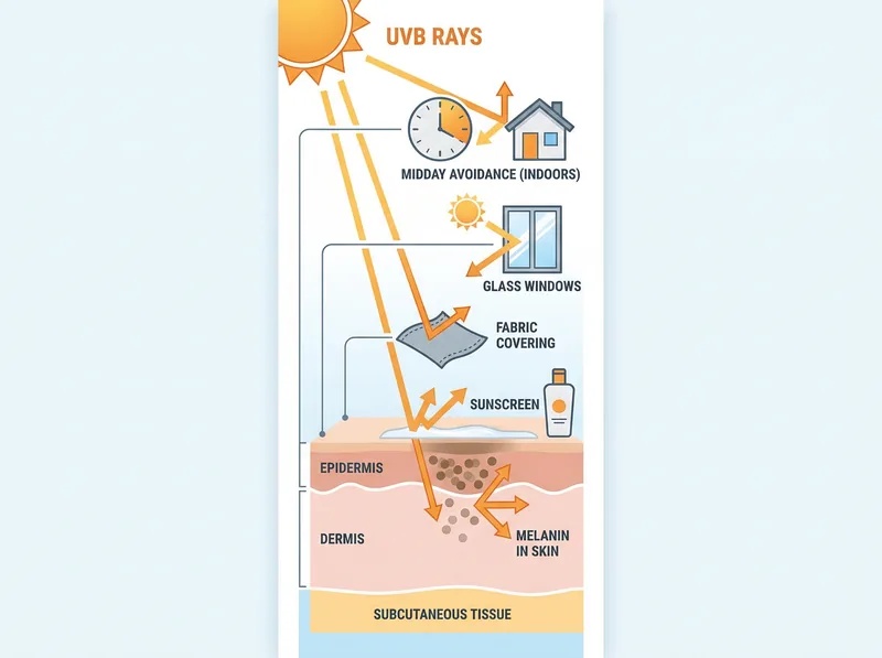 Educational diagram showing factors that block vitamin D synthesis in sunny climates